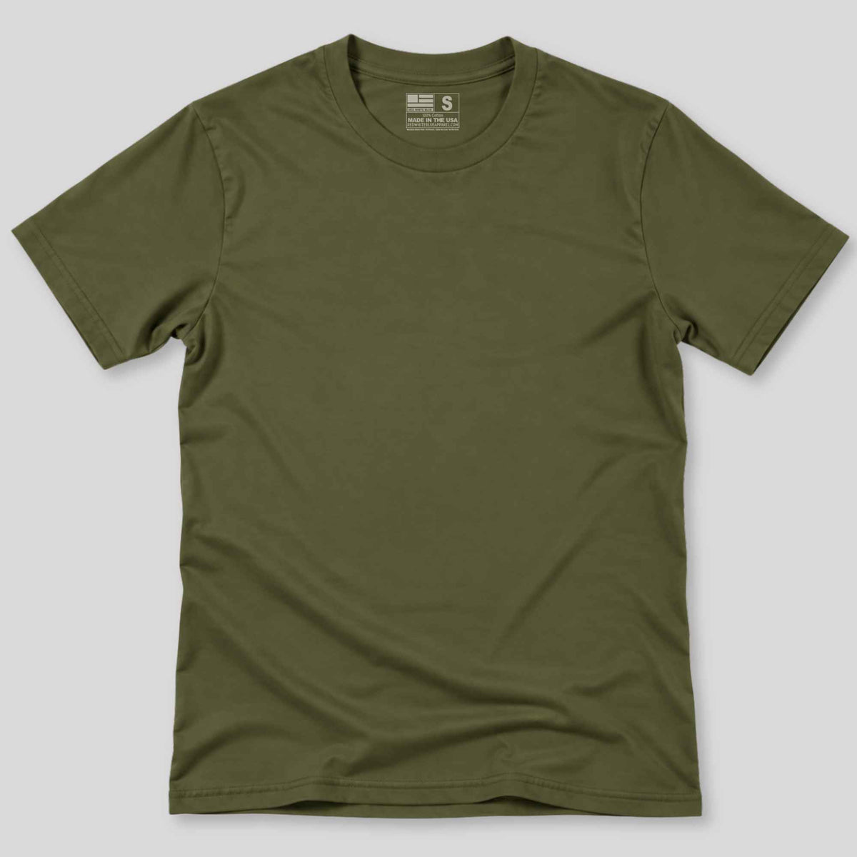 An olive green short-sleeve crewneck t-shirt laid flat against a light gray background.