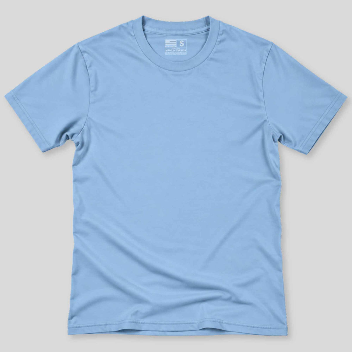 A light blue short-sleeve crewneck t-shirt laid flat against a neutral light gray background.