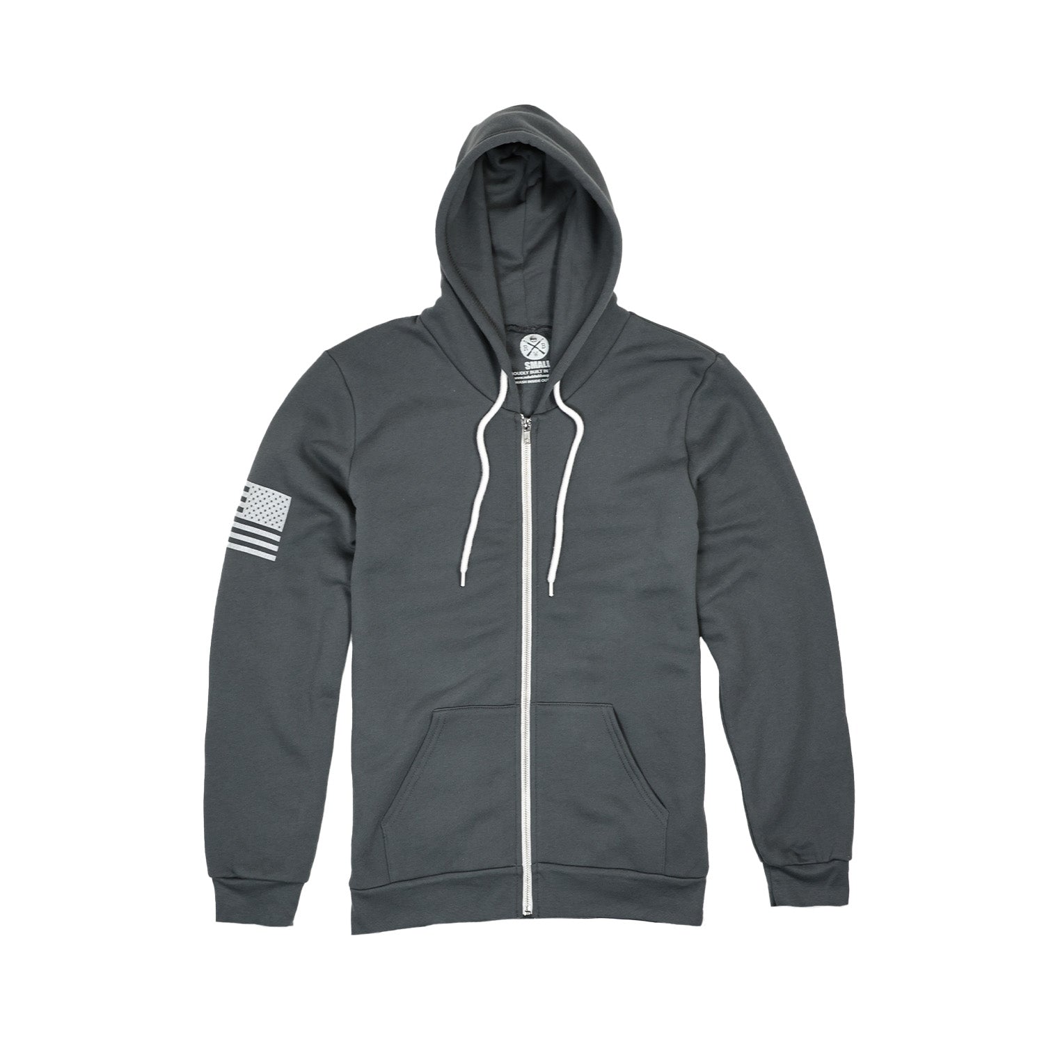 Charcoal zip up hooded sweatshirt red white blue apparel made in usa