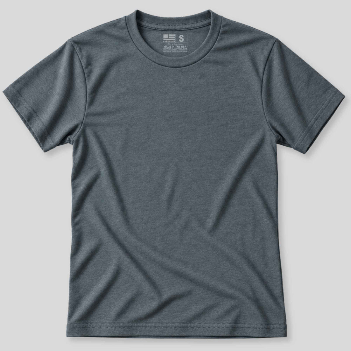A dark heather gray crewneck t-shirt laid flat against a light gray background.