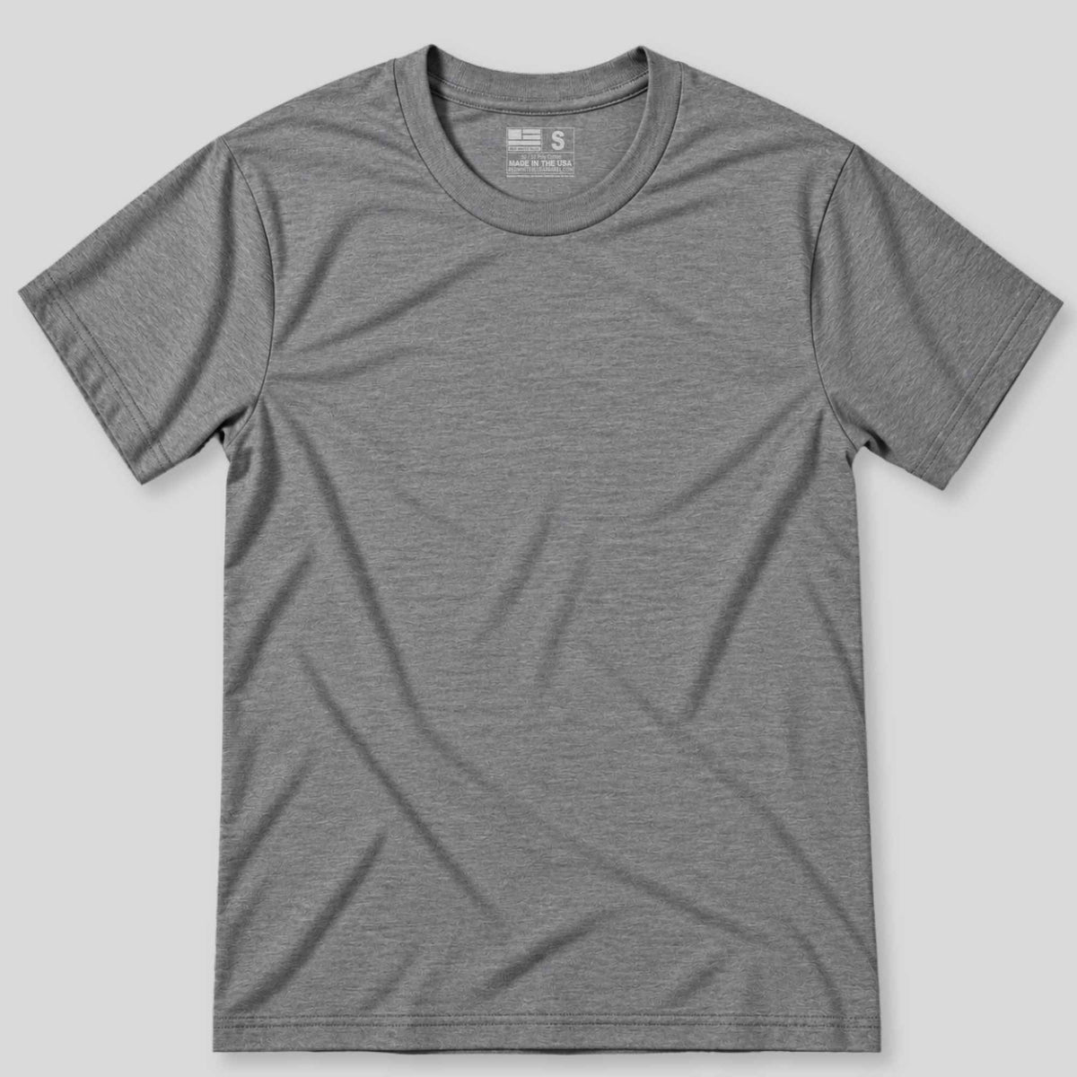 A heather gray short-sleeve crewneck t-shirt laid flat against a light gray background.