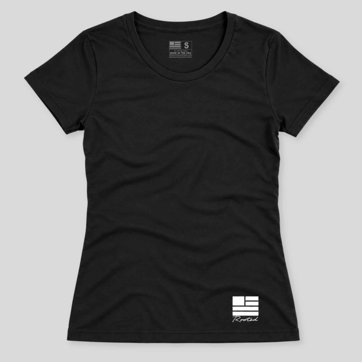 A black short-sleeve crewneck t-shirt with a small white graphic on the bottom right hem, displayed flat against a light gray background.