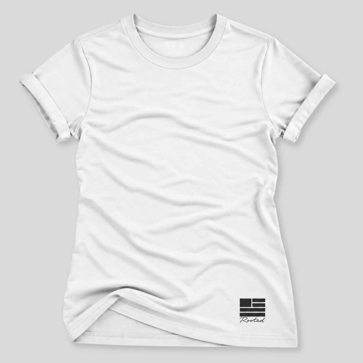 A white short-sleeve crewneck t-shirt with a small black graphic on the bottom right featuring a stylized flag and the text 'Kathmandu'.