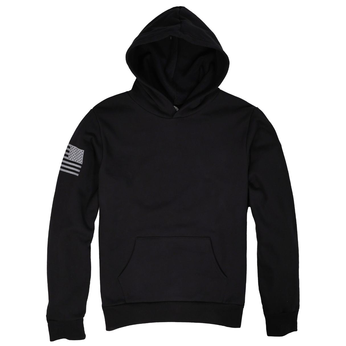 Black mens work hoodie with grey flag on sleeve no strings