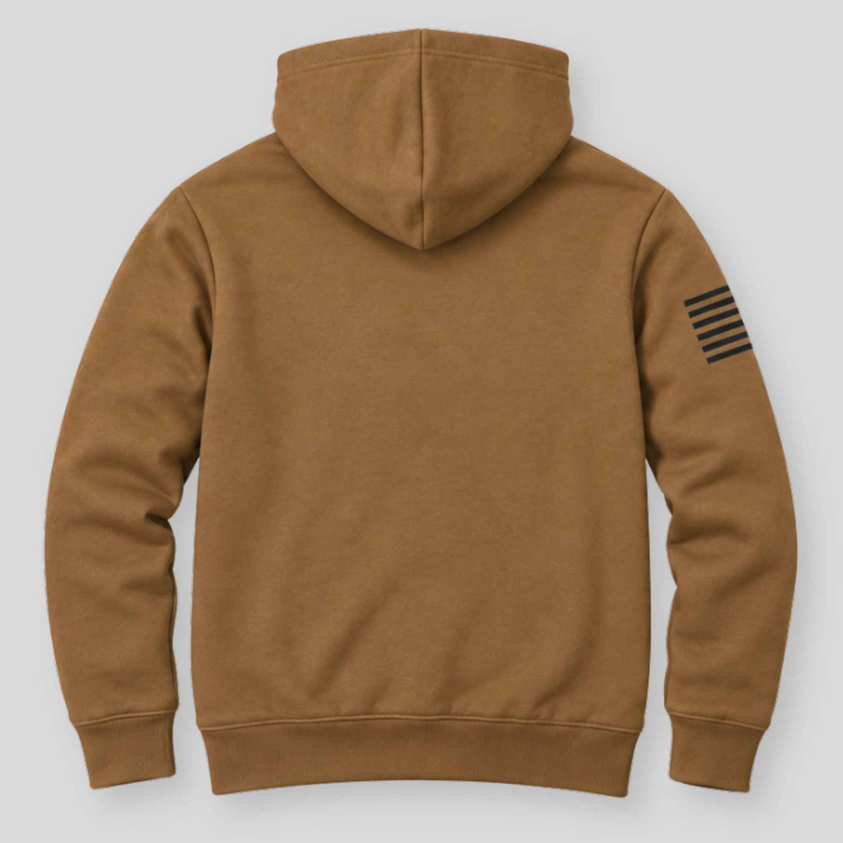 A brown hooded sweatshirt shown from the back, featuring a black horizontal-striped flag graphic on the left sleeve, set against a light gray background.
