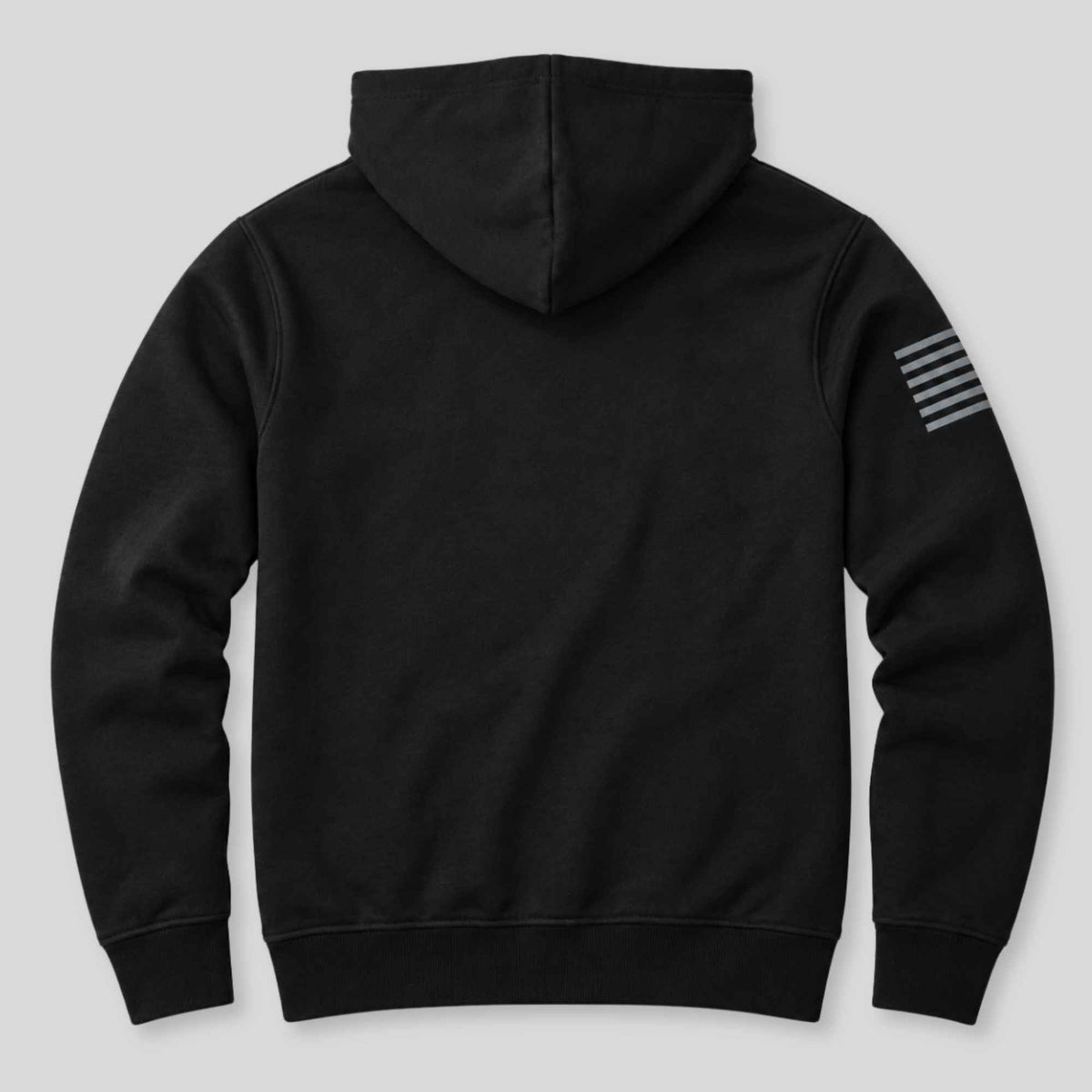 Black pullover hoodie shown from the back, featuring a subtle gray striped flag graphic on the left sleeve, set against a light gray background.