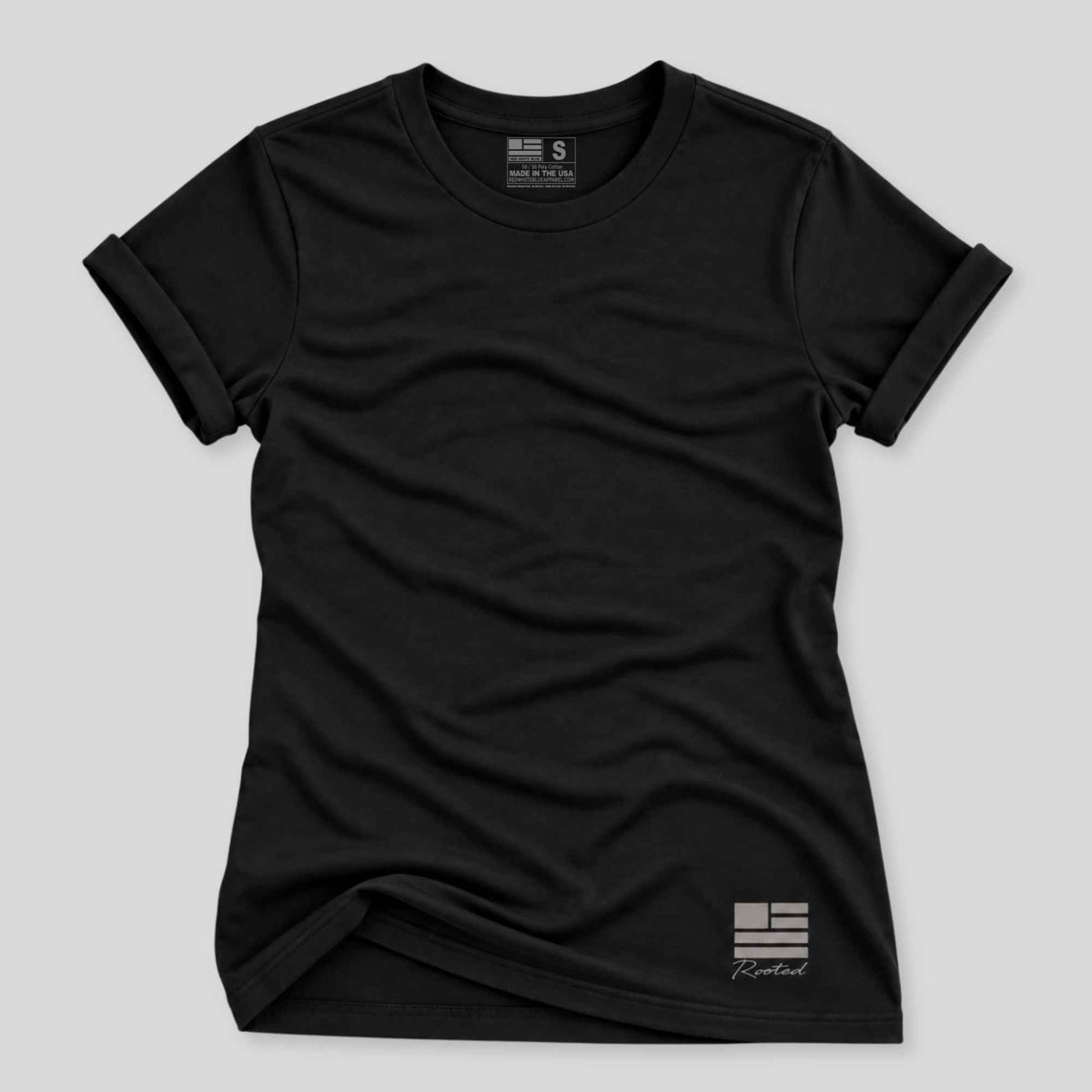 A black short-sleeve crewneck t-shirt with a small gray logo on the bottom right, displayed flat against a light gray background.