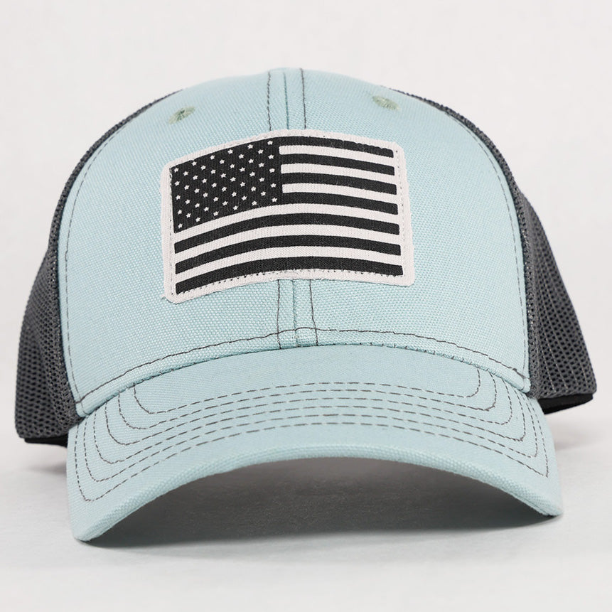 American Flag Patch Patriotic Sea Mist Trucker Hat - Front