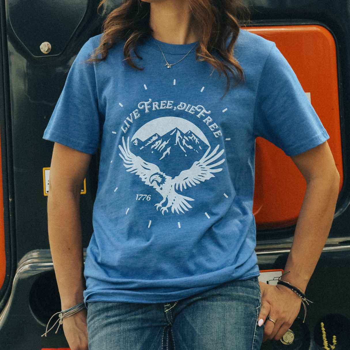 Live free die free eagle 1776 blue womens t-shirt