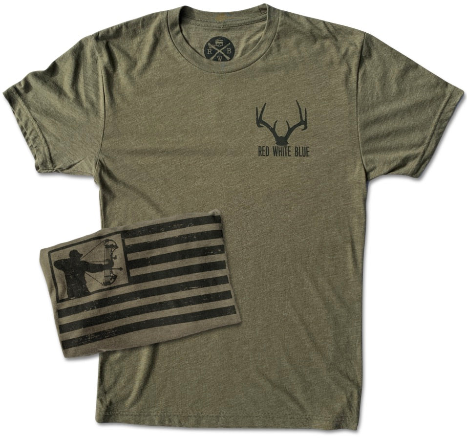 Men's American Flag Bowhunter Hunting T-Shirt Red White Blue Apparel