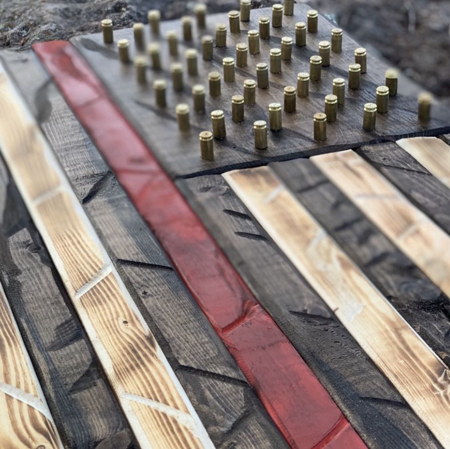 Hand Crafted Southern Pine Red Line Of Courage American Flag W/ Brass Stars