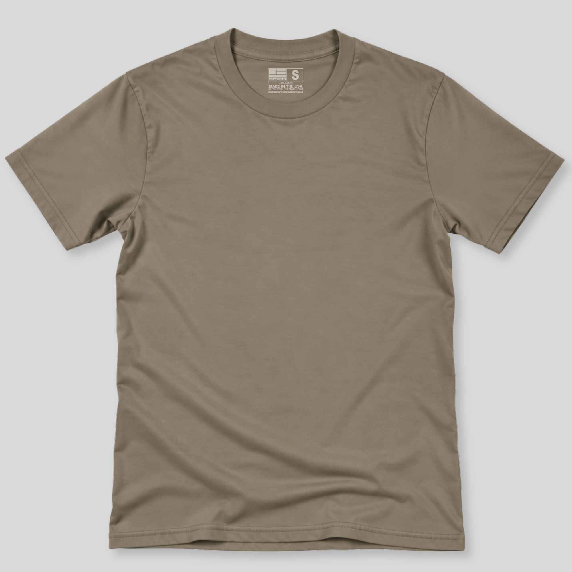 A short-sleeve crewneck t-shirt in a muted taupe-brown color, laid flat against a light gray background.