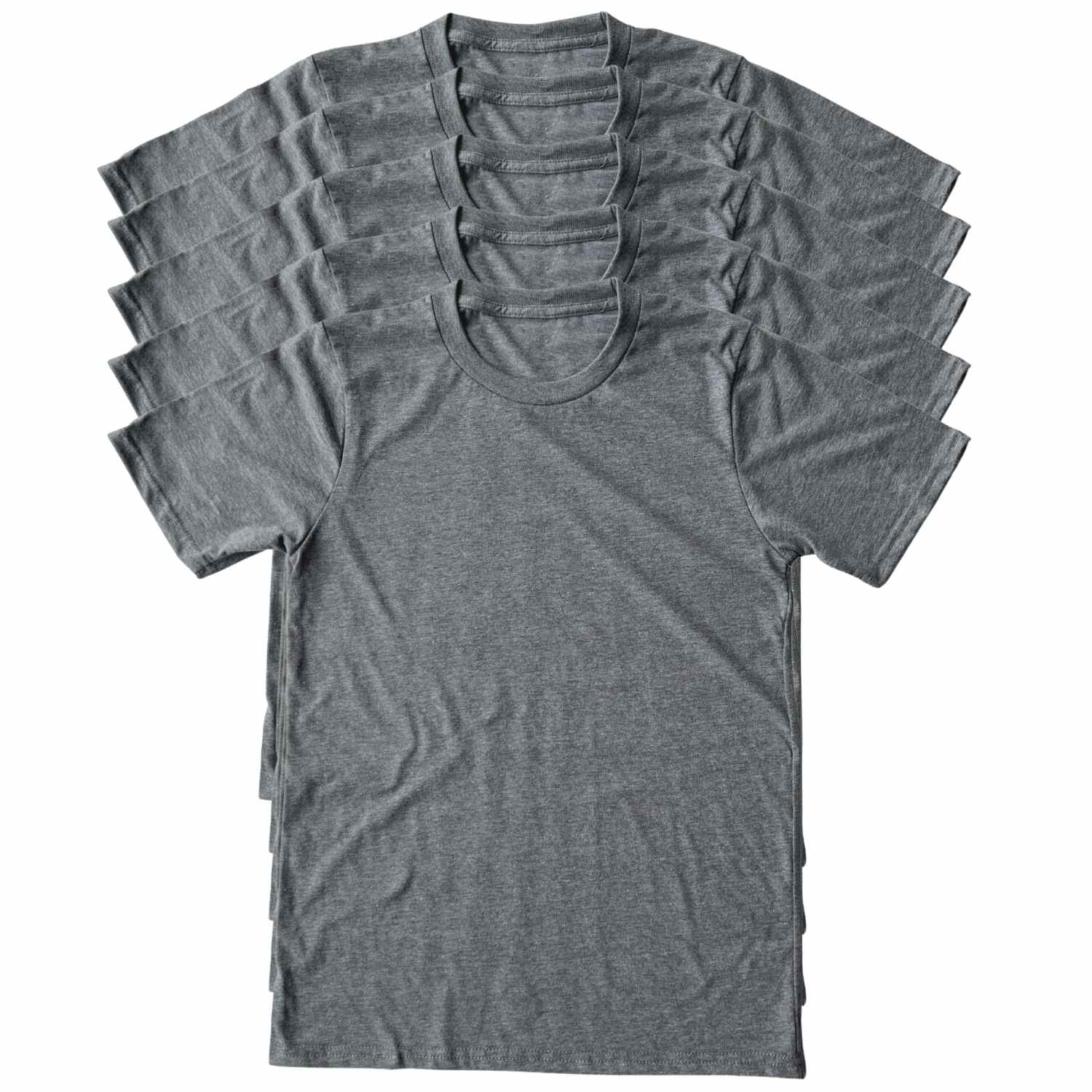 A stack of heather gray US Made short-sleeve crewneck t-shirts arranged in a fan shape on a plain white background. 