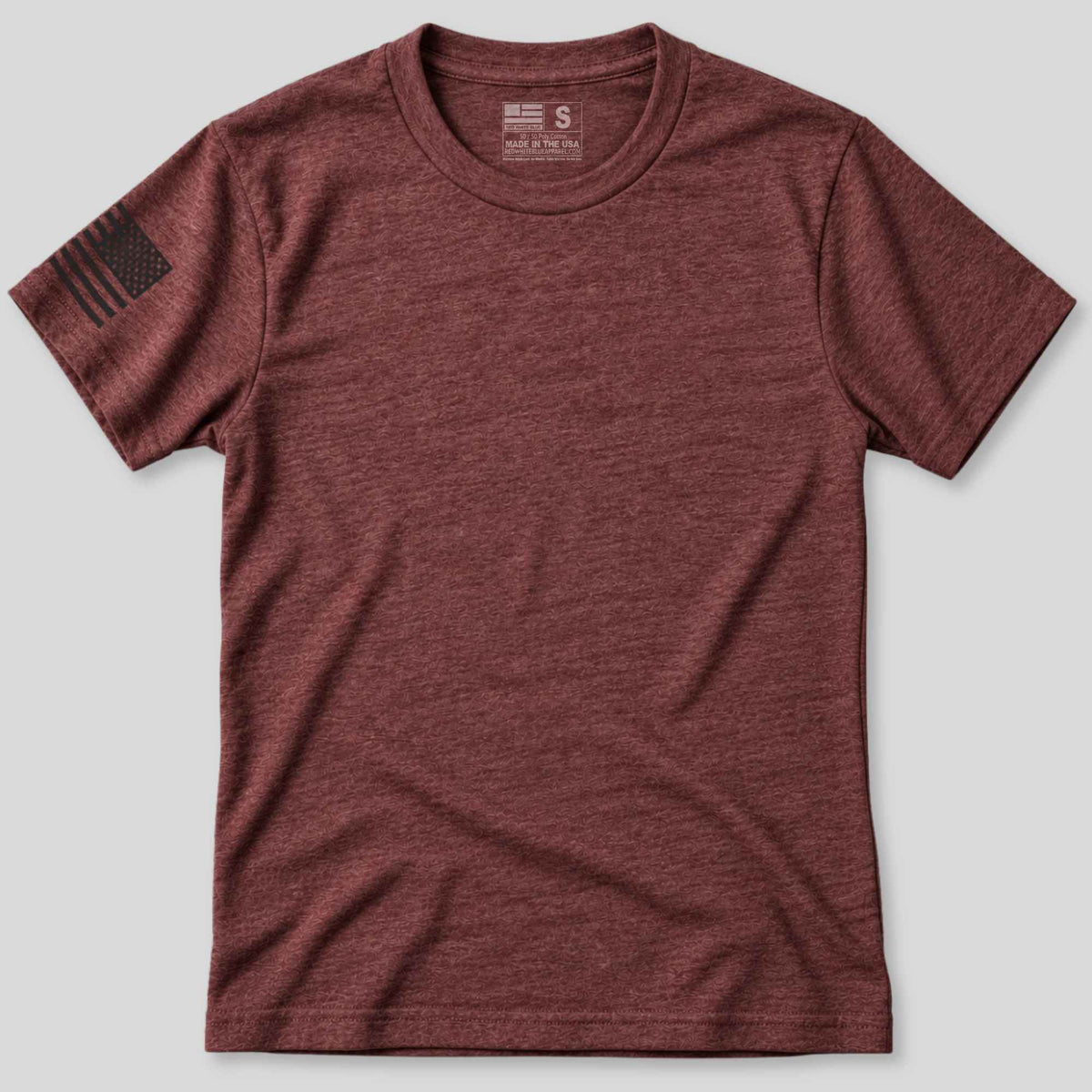 A heathered burgundy short-sleeve t-shirt with a black distressed American flag graphic on the right sleeve, displayed flat against a light gray background.