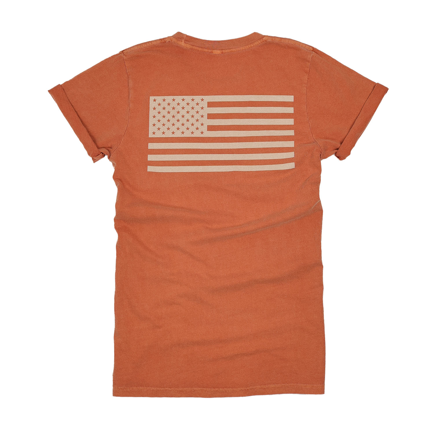 Women's Patriotic Live Free American Flag T-Shirt | American Made -  Back USA Flag  - Burnt Orange