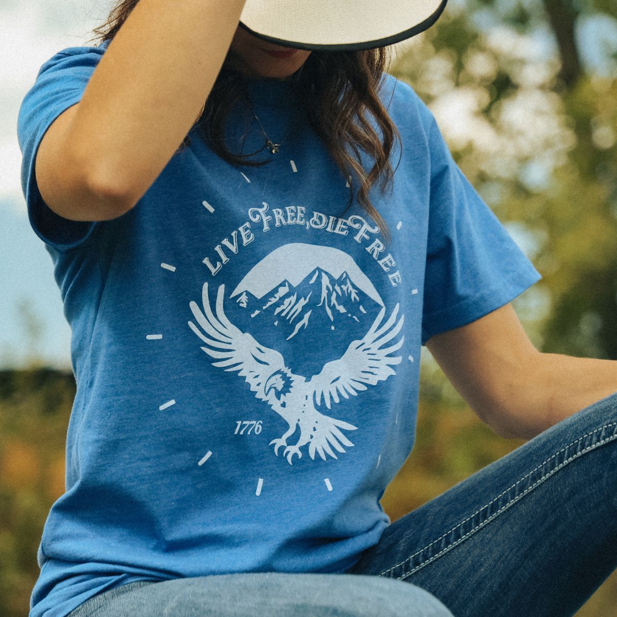 Live free die free eagle 1776 blue womens t-shirt