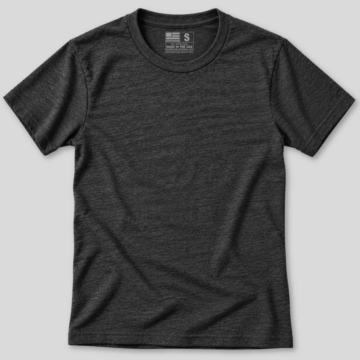 A dark heather gray crewneck t-shirt laid flat against a light gray background.