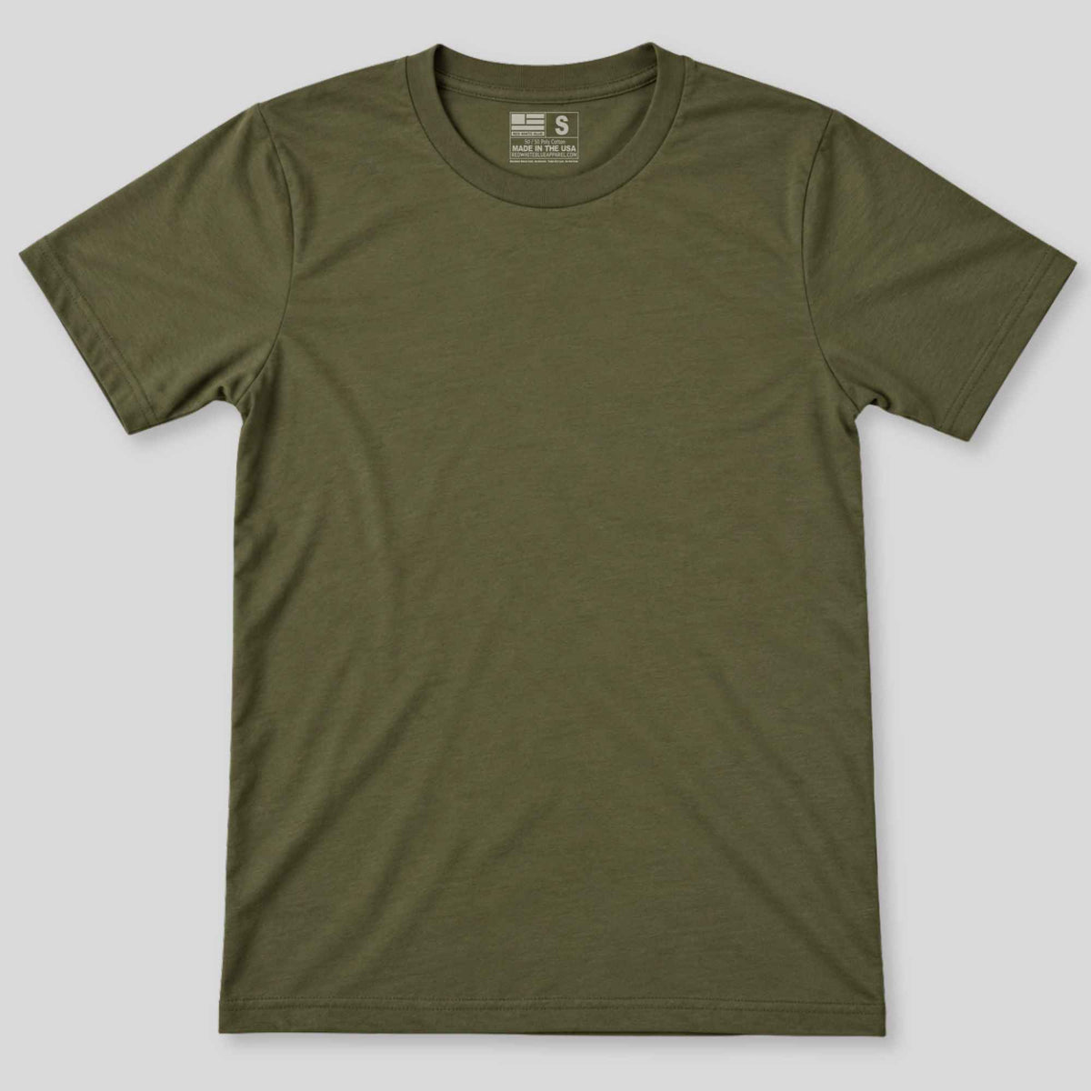 An olive green short-sleeve crewneck t-shirt laid flat against a light gray background.