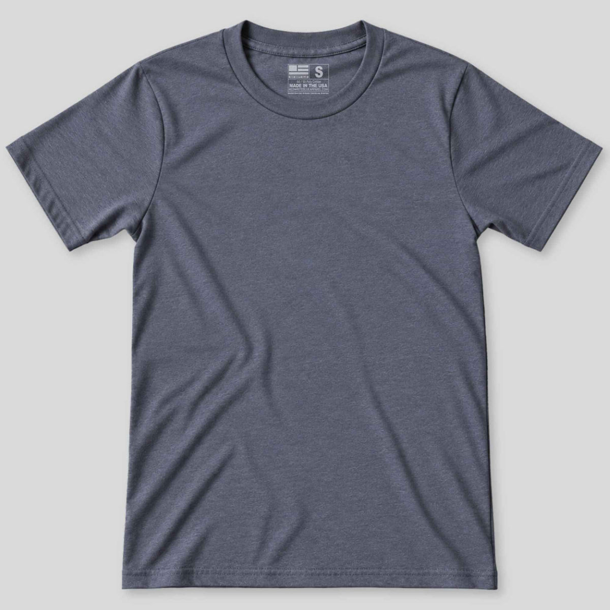 A short-sleeve crewneck t-shirt in heathered dark blue-gray, displayed flat against a light gray background.