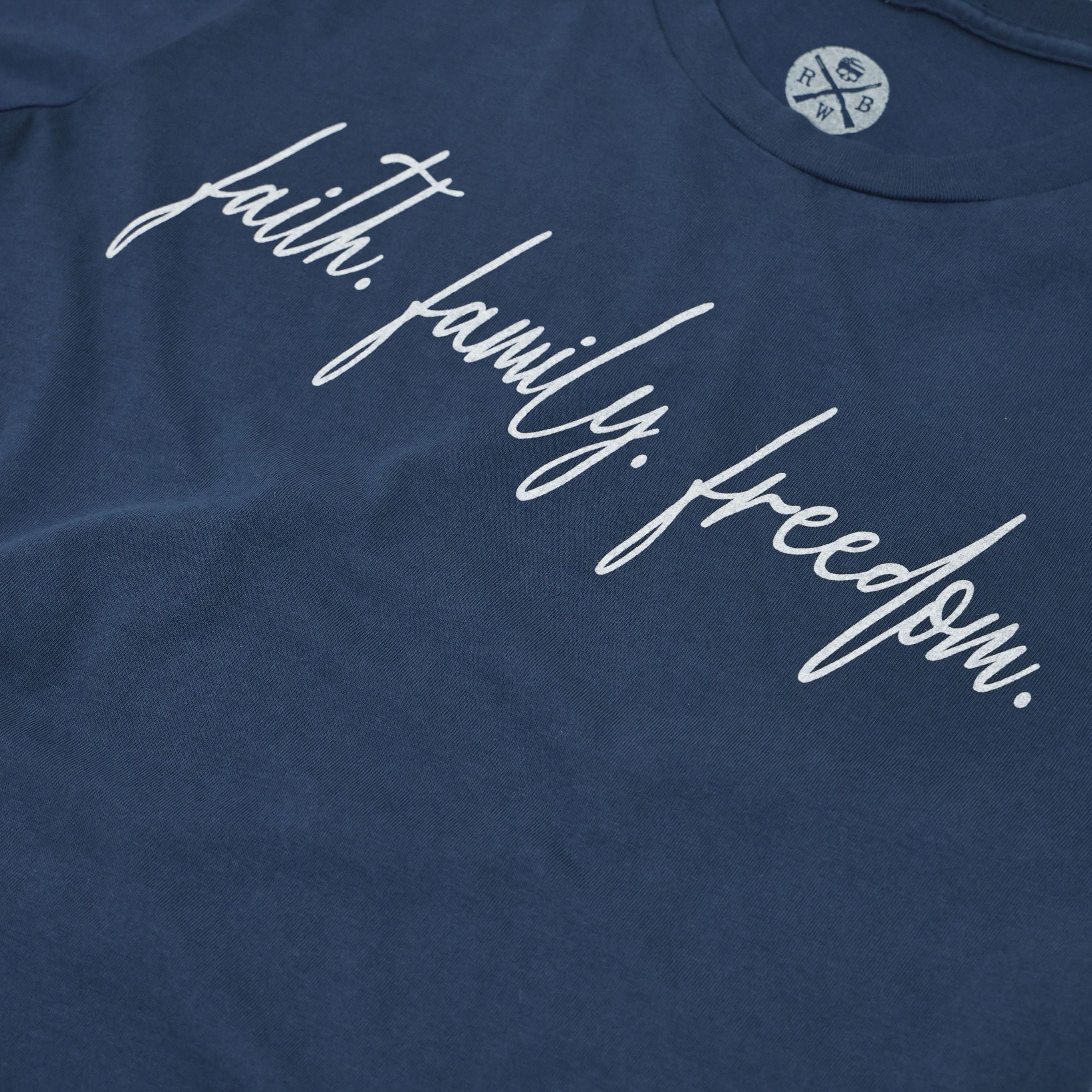 Womens Faith Family Freedom American Made Steel Blue T-shirt