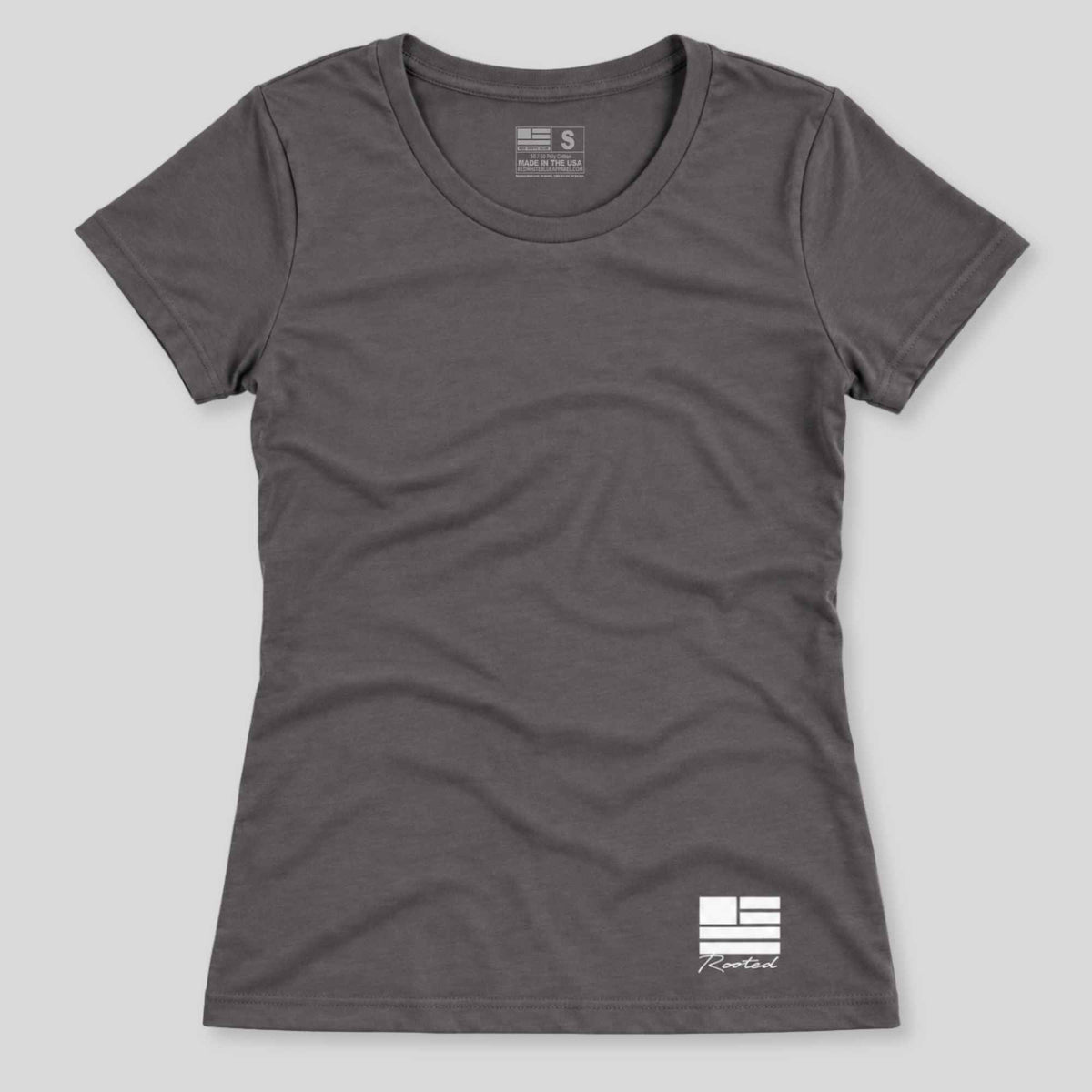 A dark gray short-sleeve crewneck t-shirt with a white graphic logo on the bottom right hem, displayed flat against a light gray background.