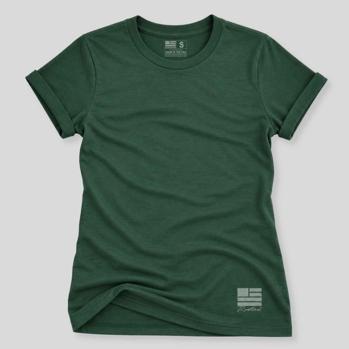 A dark green short-sleeve crewneck t-shirt with a small white graphic logo on the bottom right, displayed on a neutral light gray background.