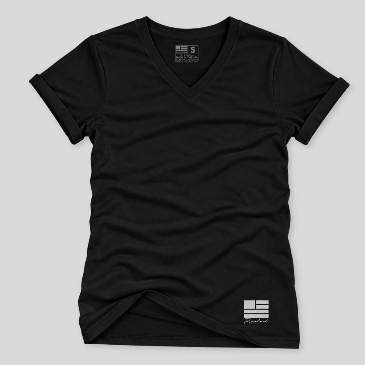 A black short-sleeve V-neck t-shirt with a small white logo on the bottom right hem, displayed flat against a light gray background.