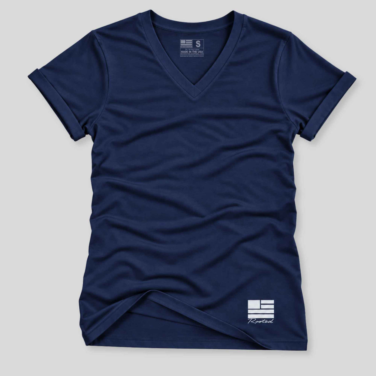 A navy blue short-sleeve v-neck t-shirt with a small white graphic logo on the bottom right, displayed flat against a light gray background.