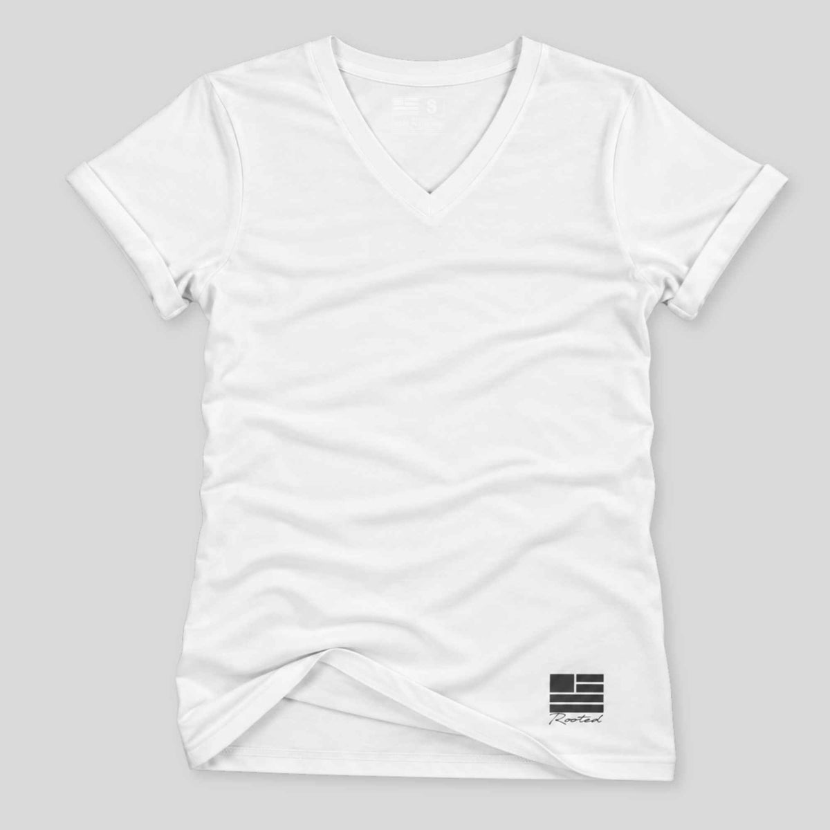A white short-sleeve V-neck t-shirt with a small black graphic on the bottom right, displayed flat against a light gray background.
