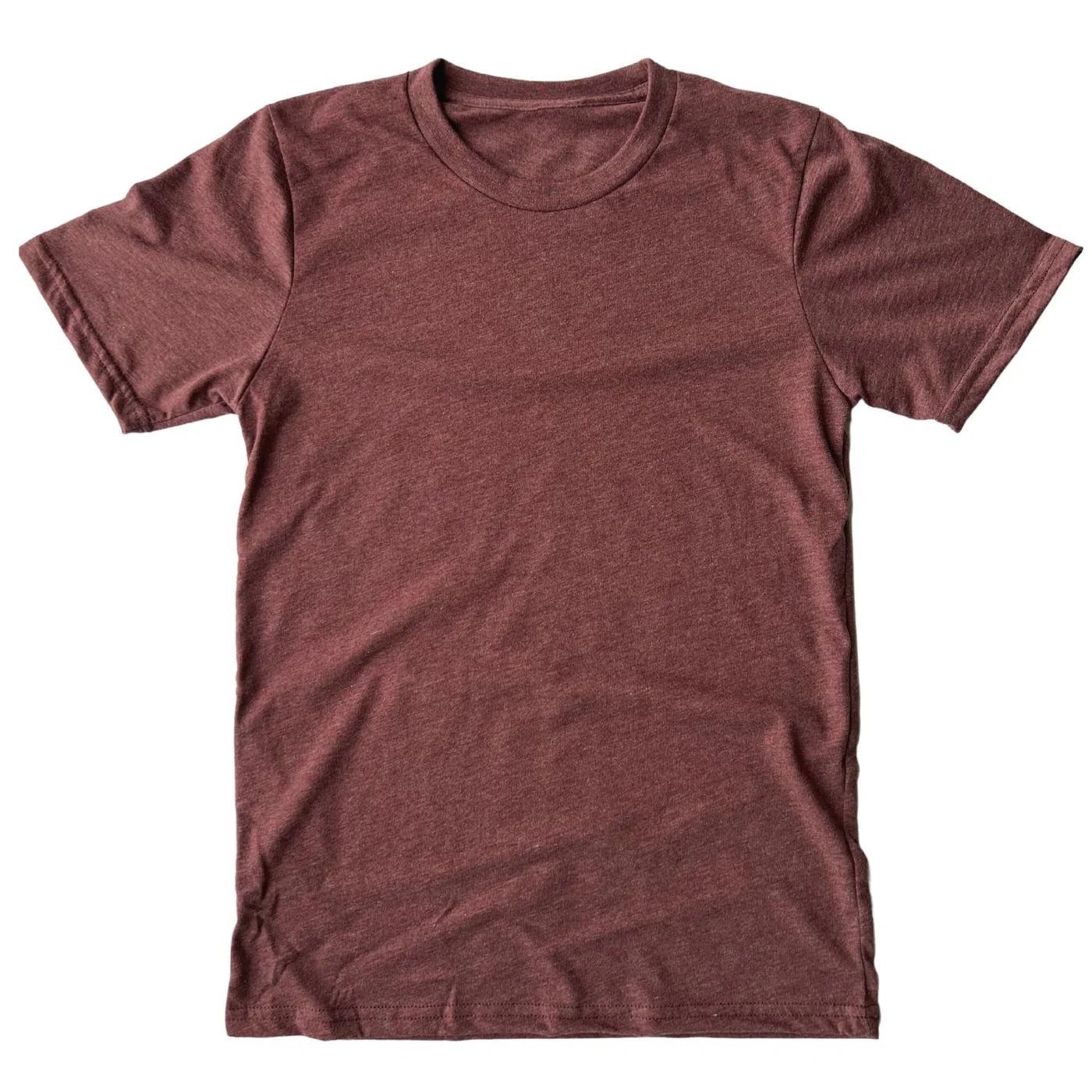 A short-sleeve crewneck t-shirt in a heathered burgundy or maroon color, laid flat against a solid white background. Made in usa