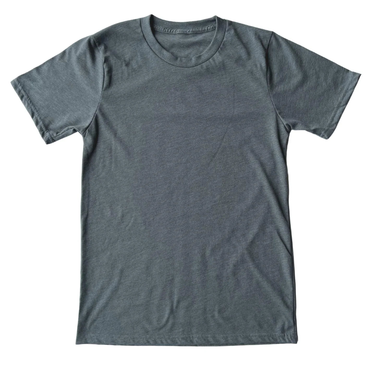 A dark gray heather short-sleeve crewneck t-shirt laid flat against a white background. Made In USA