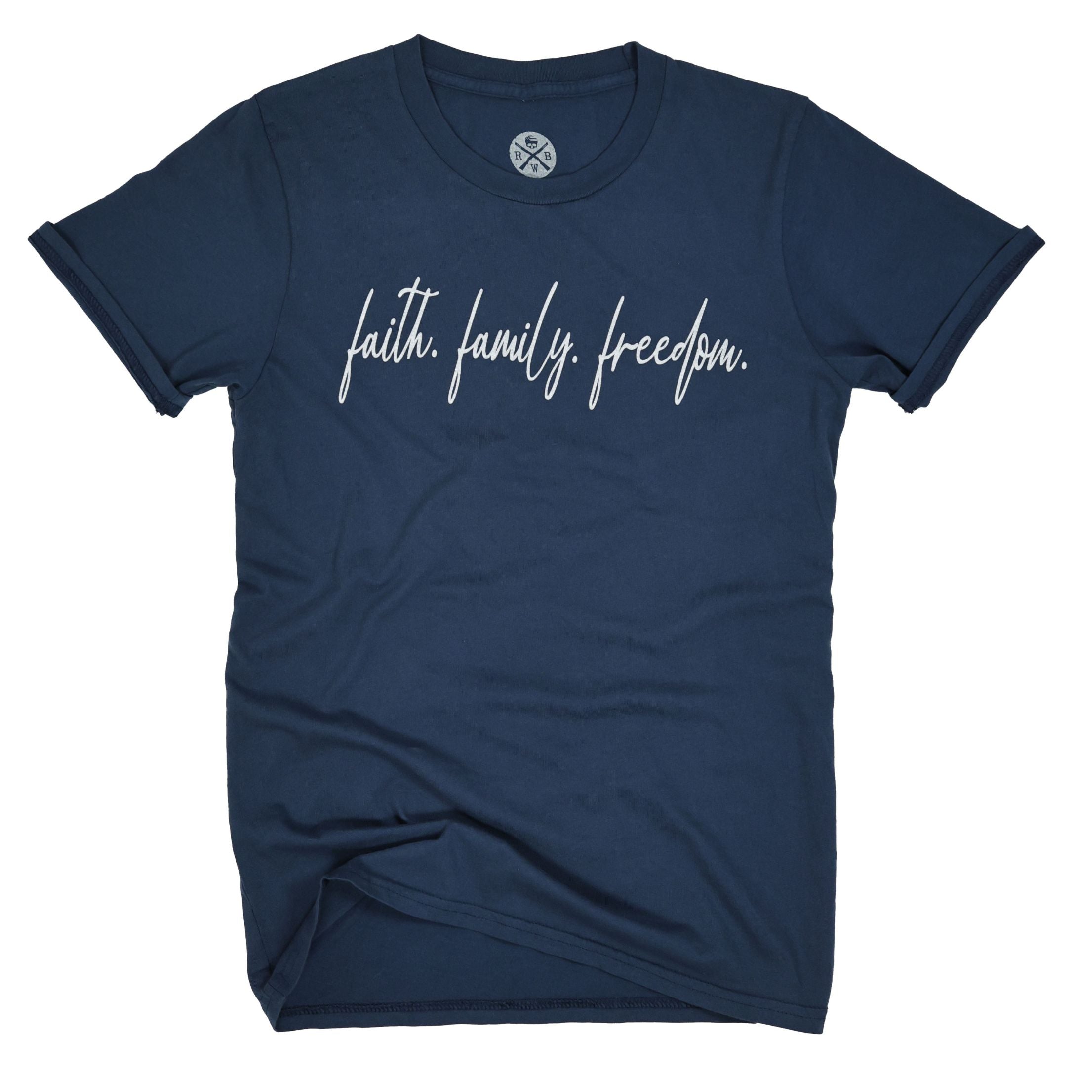 Womens Faith Family Freedom American Made Steel Blue T-shirt