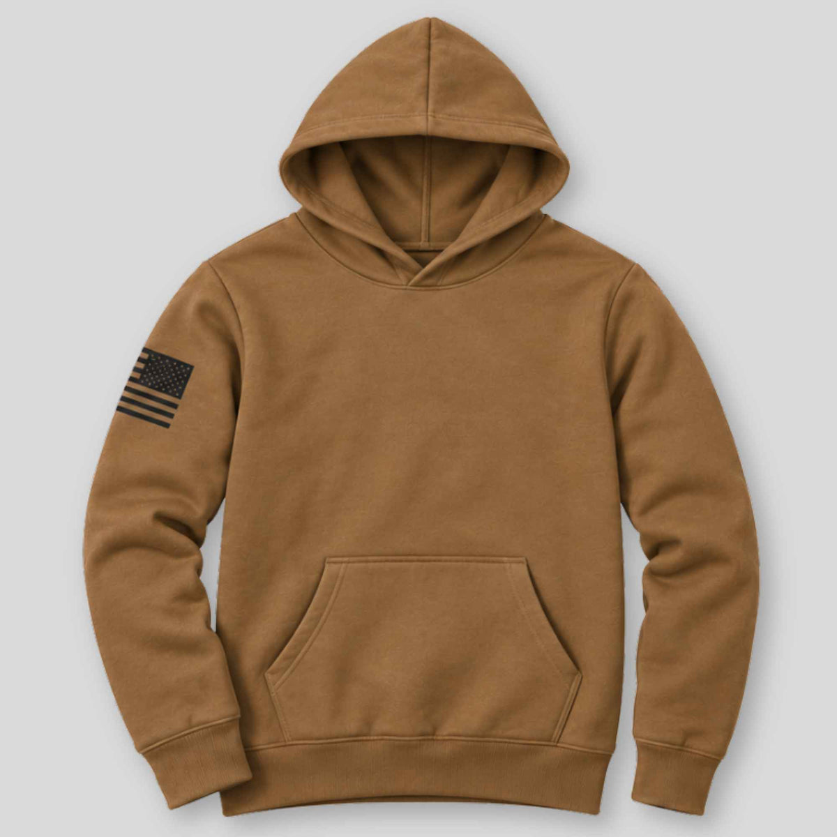 A brown pullover hoodie with a black American flag patch on the left sleeve, displayed against a light gray background.