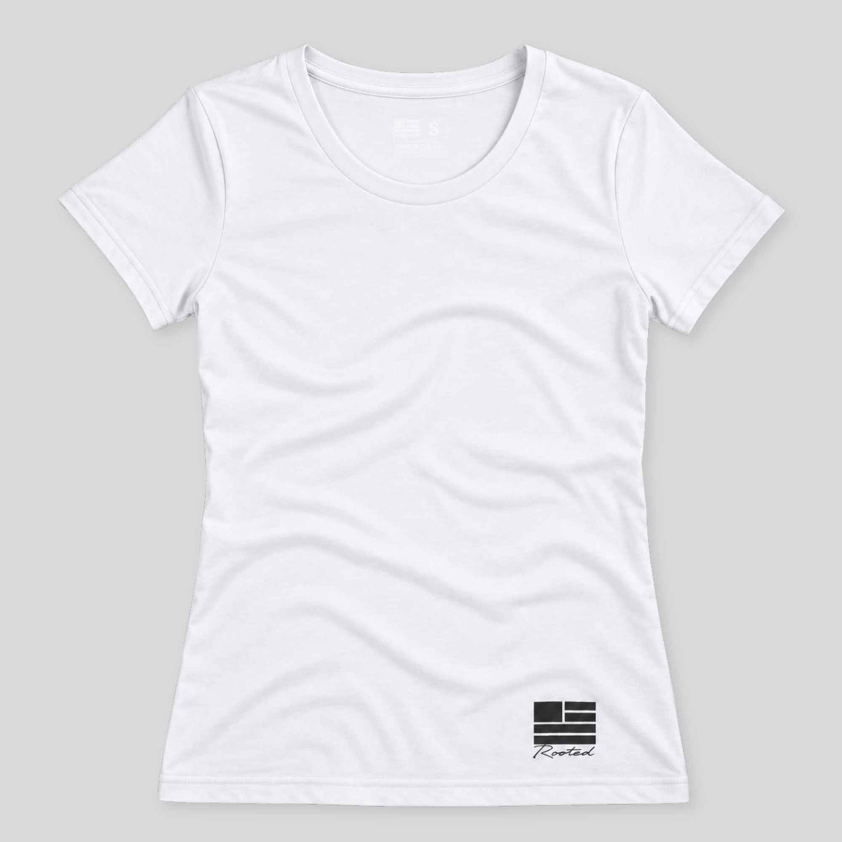 A white short-sleeve crewneck t-shirt with a small black graphic logo on the bottom right hem, displayed flat against a light gray background.