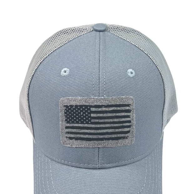 American Flag Patch Patriotic Sky Blue Trucker Hat - Front