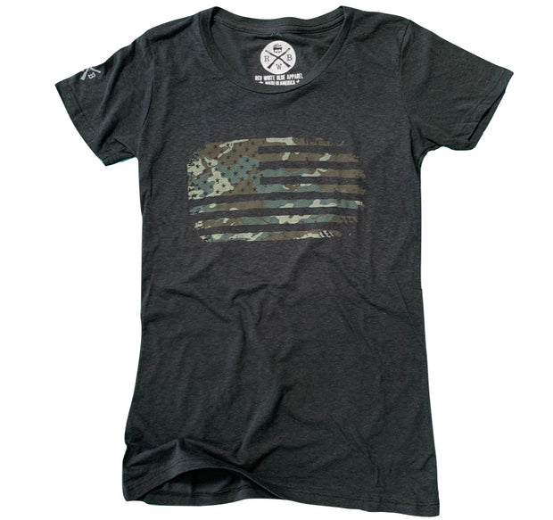 Women's Woodland Camo American Flag Patriotic T Shirt (Black)